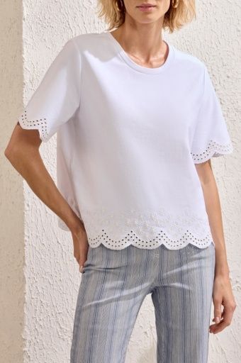 Crew Neck Top with Scallop Edge White, Size: S