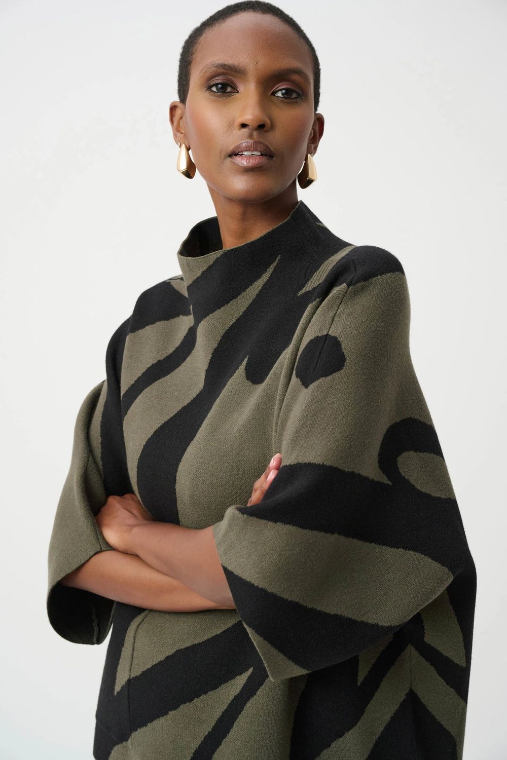 Abstract Jacquard Funnel-Neck Boxy Sweater