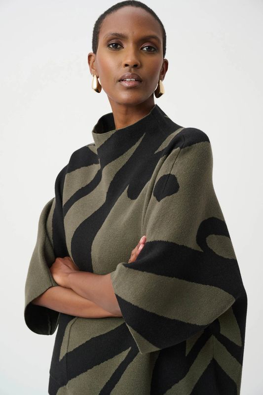 Abstract Jacquard Funnel-Neck Boxy Sweater