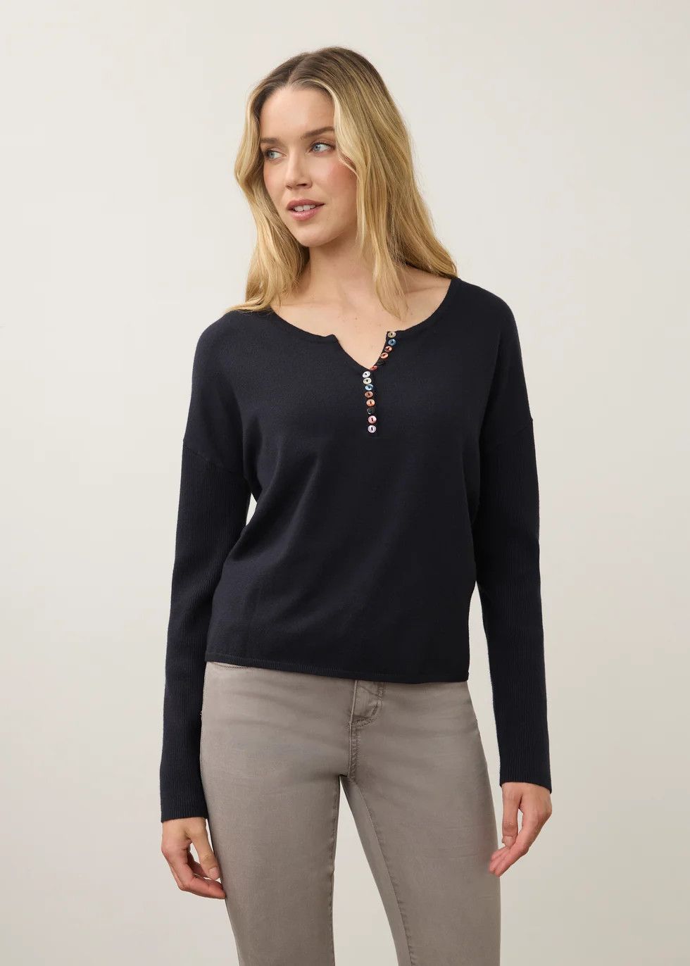 V Neck Sweater with Buttons Blueberry