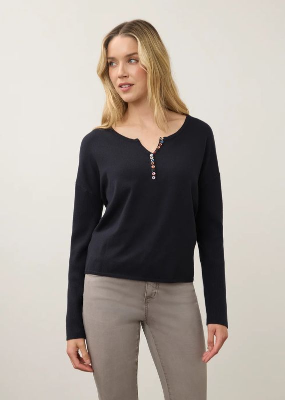 V Neck Sweater with Buttons Blueberry