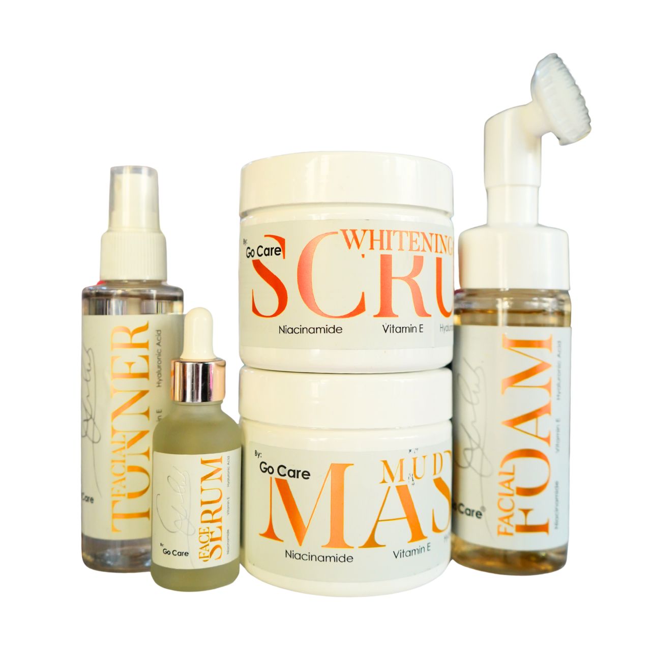 Go Care Gold Facial Skincare Set with Whitening Scrub, Mud Mask, Niacinamide, Vitamin E, Hyaluronic Acid .
