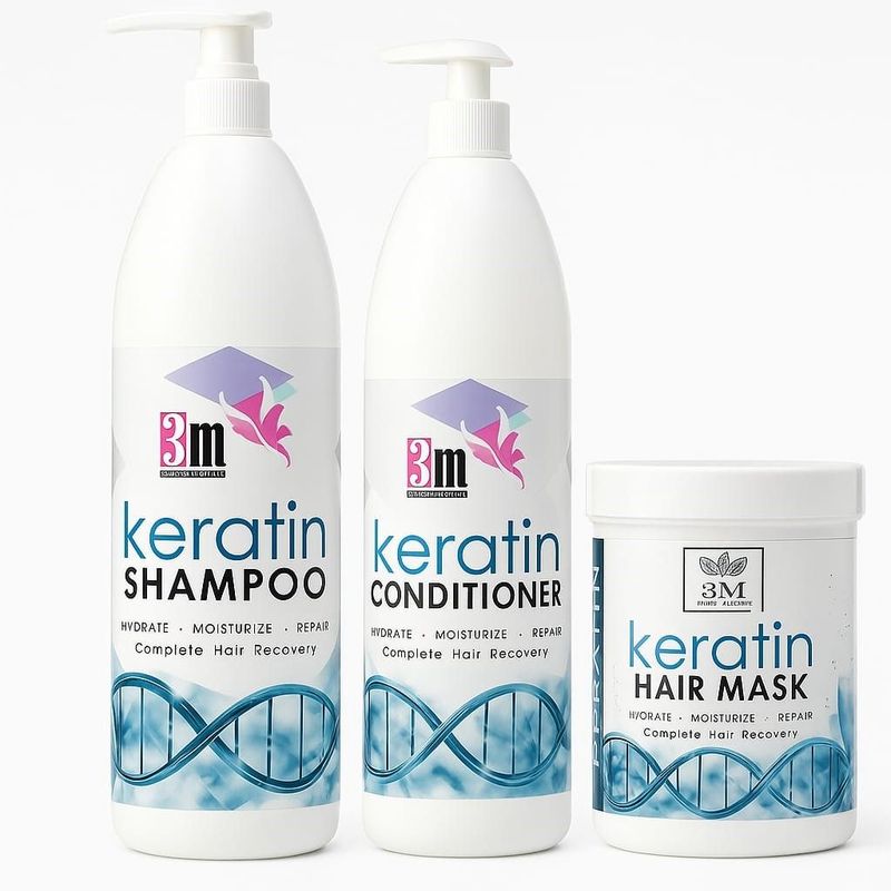 3M Keratin Hair Care Set, Shampoo, Conditioner and Hair Mask, Complete Hair Recovery, 1 L Each .