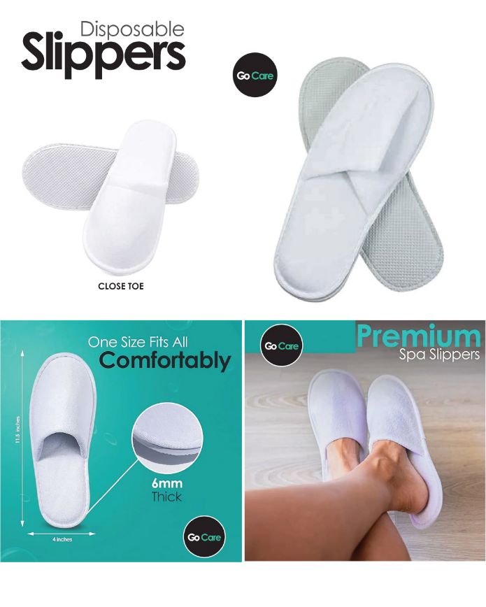 GoCare Premium Disposable Slippers, Close Toe, One Size Fits All, White, 6mm Thick , 20 Pairs.