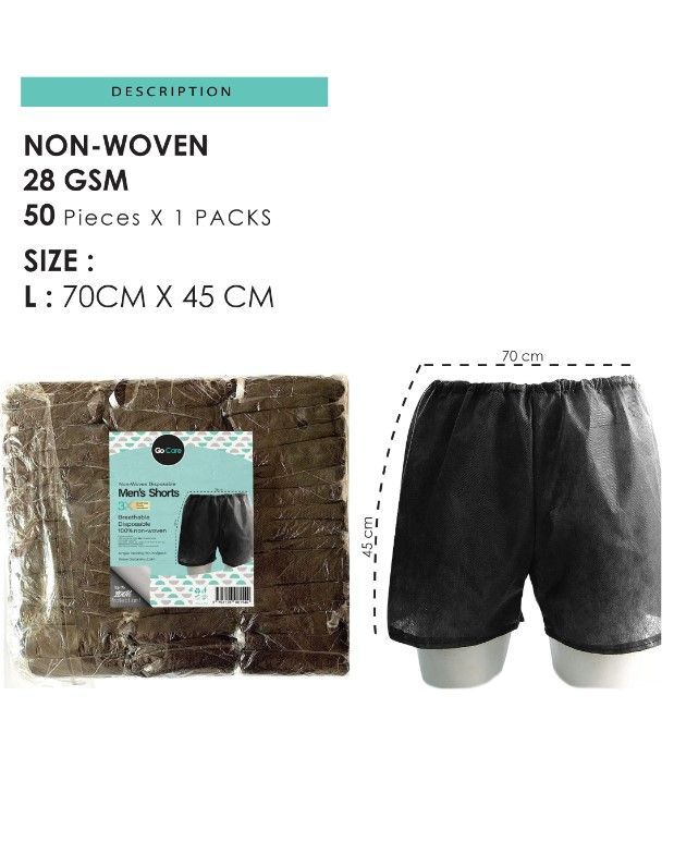 Non-Woven Disposable Men's Shorts, 50 Pieces, 70 x 45 cm, 28 GSM, Black.