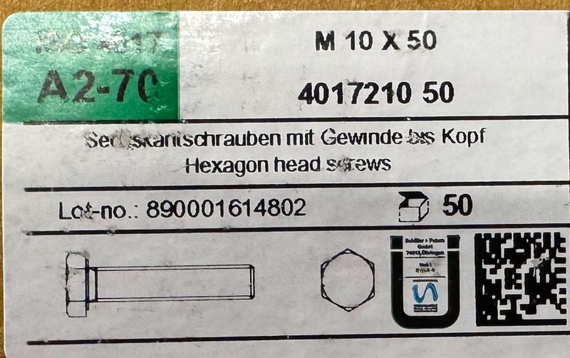 DIN933-CORPS DE BOULON TH - INOX A2 - FILETAGE TOTAL - M10X50 - BOITE DE 50
