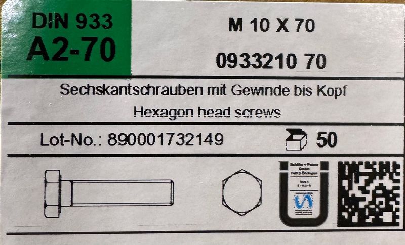 DIN933-CORPS DE BOULON TH - INOX A2 - FILETAGE TOTAL - M10X70 - BOITE DE 50