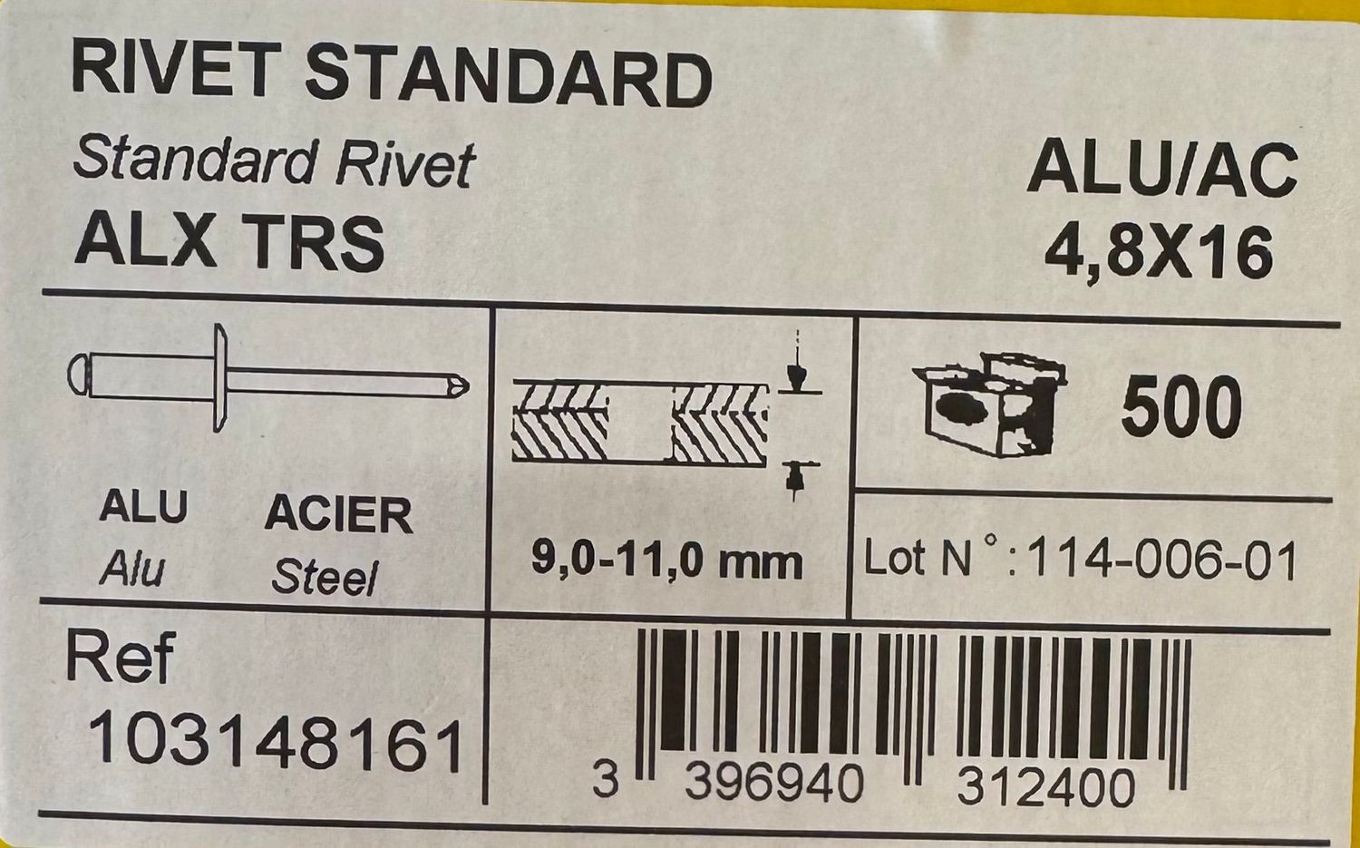 RIVETS STANDARD - ALU/ACIER - 4.8X16 - BOITE DE 500