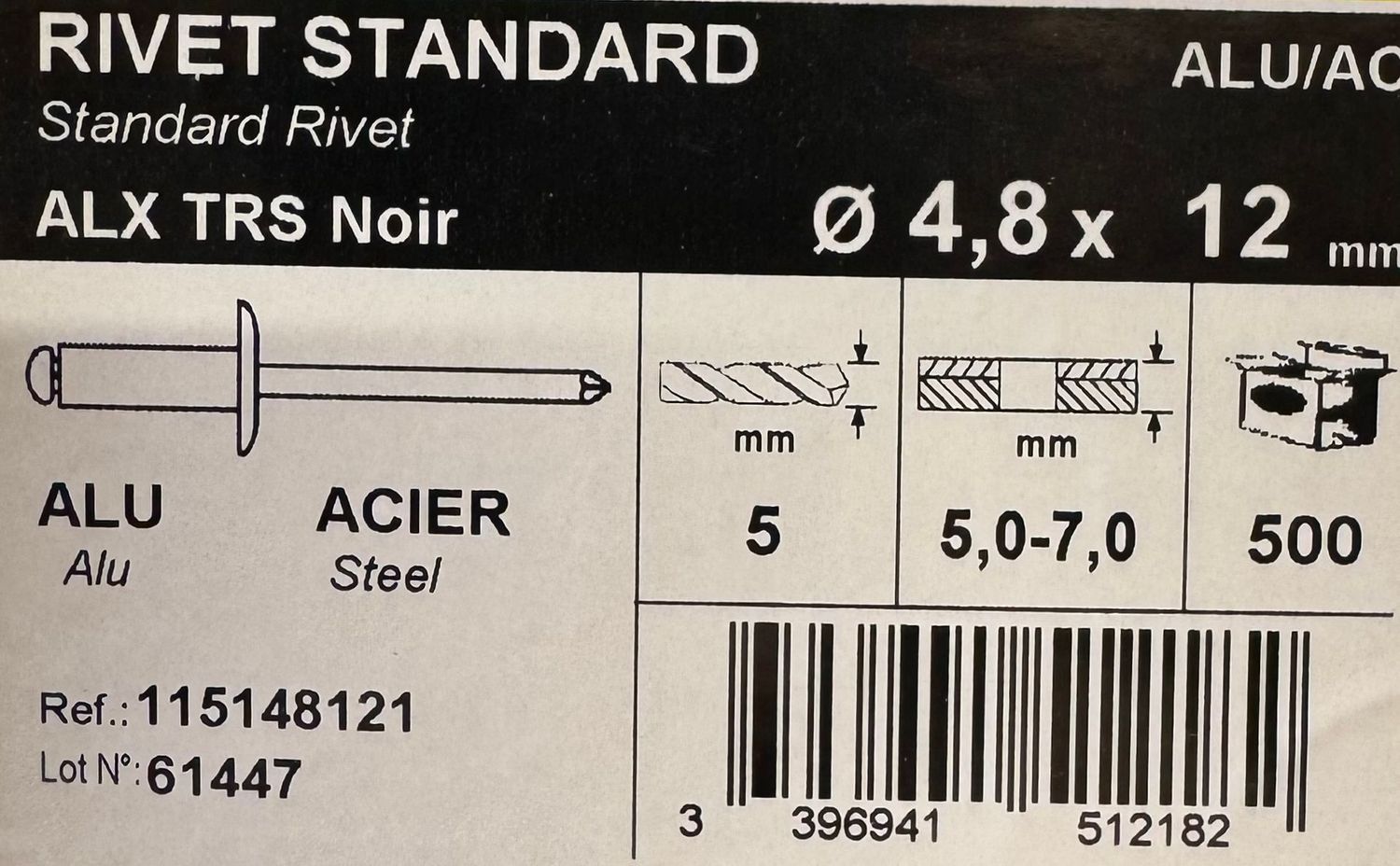RIVETS STANDARD ALU/ACIER - 4.8X12 - NOIRS - BOITE DE 500