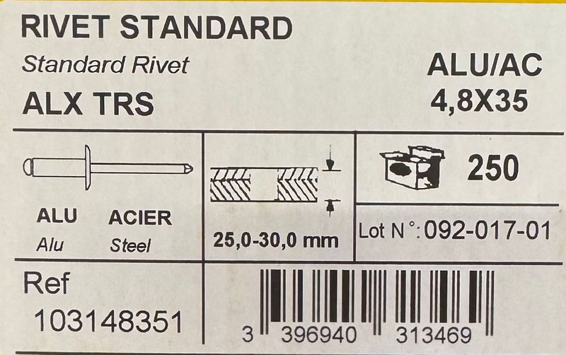 RIVETS STANDARD ALU/ACIER 4.8X35 - BOITE DE 250