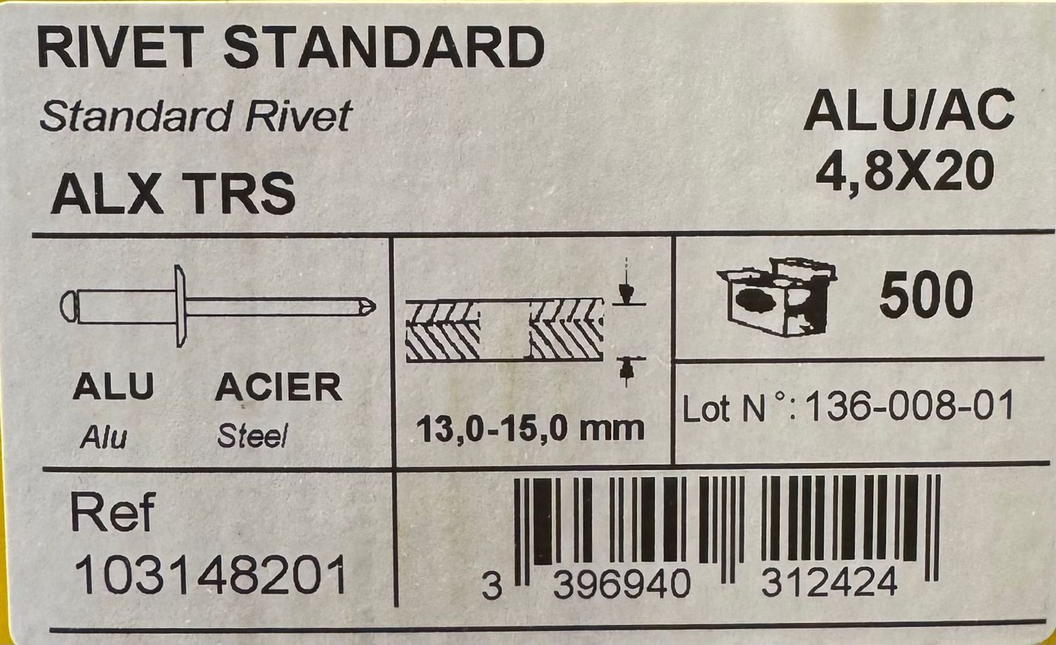 RIVETS STANDARD ALU/ACIER -4.8X20 - BOITE DE 500