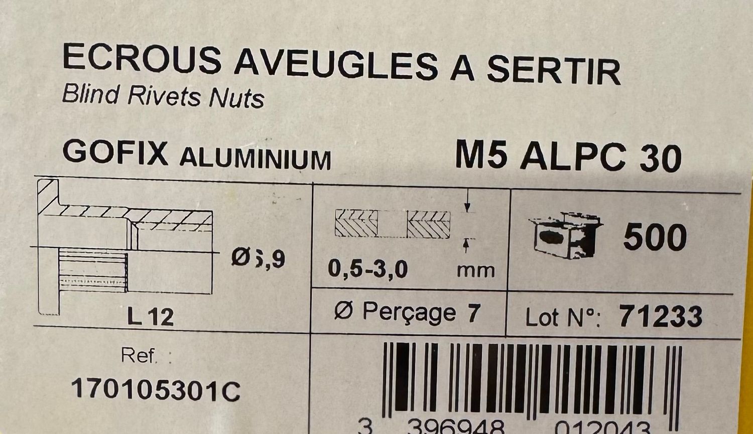 ECROUS AVEUGLES A SERTIR - M5X30 - ALU - BOITE DE 500