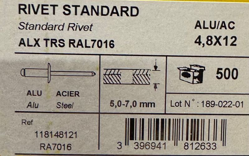RIVETS STANDARD ALU/ACIER - 4.8X12 RAL7016 (GRIS ANTHRACITE) - BOITE DE 500