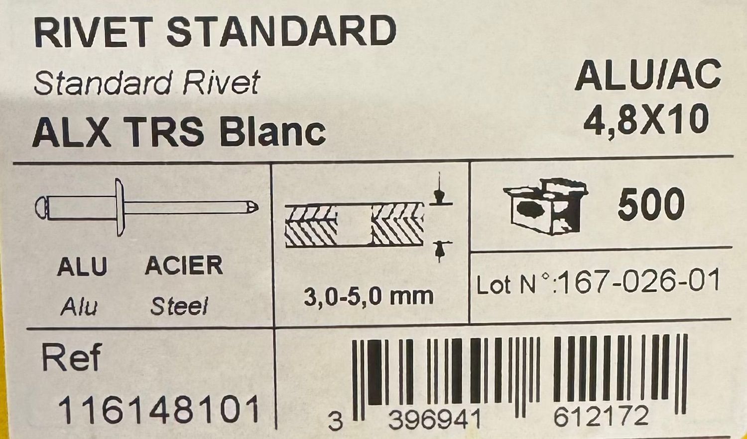 RIVETS STANDARD ALU/ACIER - 4.8X10 BLANC - BOITE DE 500