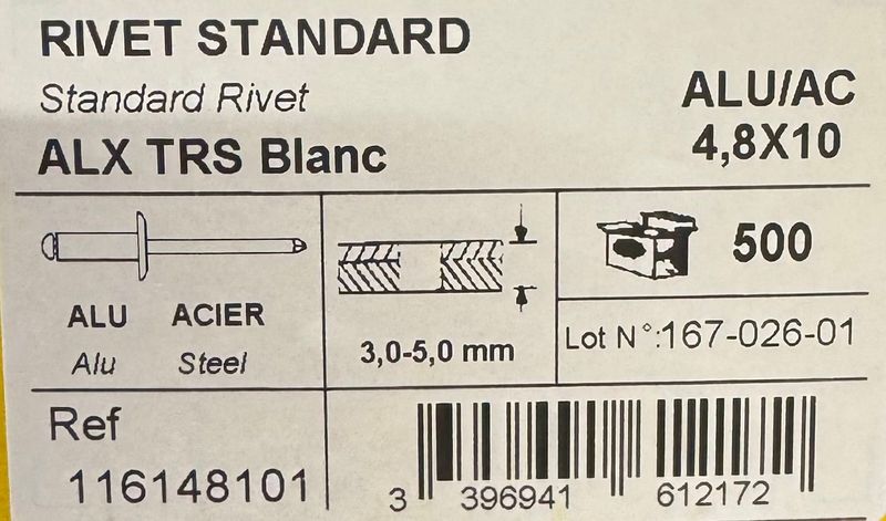 RIVETS STANDARD ALU/ACIER - 4.8X10 BLANC - BOITE DE 500