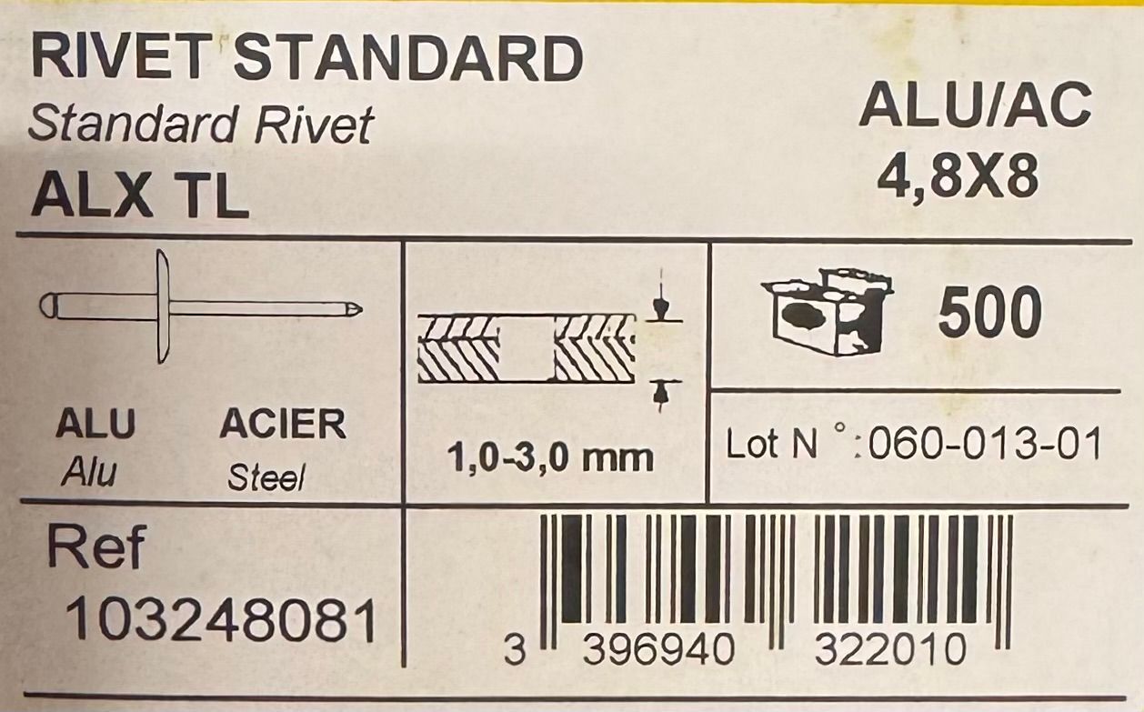 RIVETS STANDARD ALU/ACIER  - TETE LARGE - 4.8X8 - BOITE DE 500