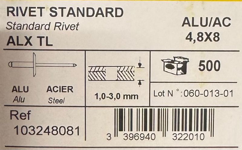 RIVETS STANDARD ALU/ACIER  - TETE LARGE - 4.8X8 - BOITE DE 500
