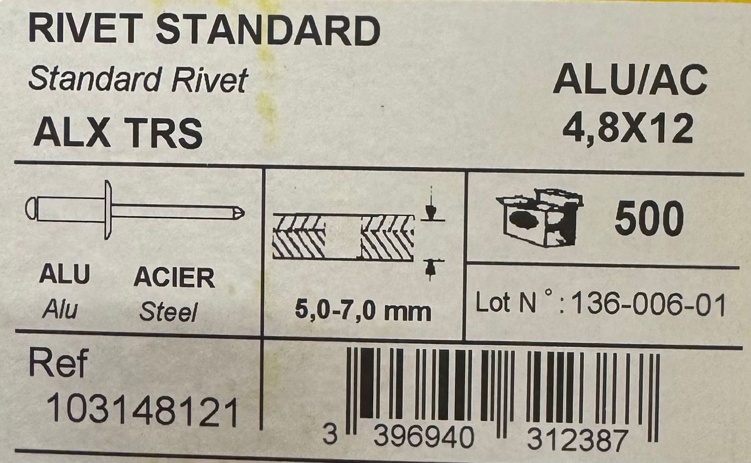 RIVETS STANDARD ALU/ACIER - 4.8X12 - BOITE DE 500