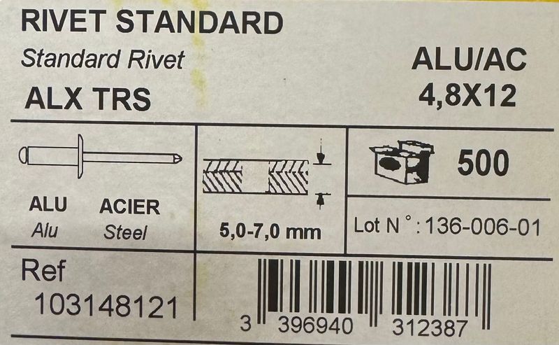 RIVETS STANDARD ALU/ACIER - 4.8X12 - BOITE DE 500