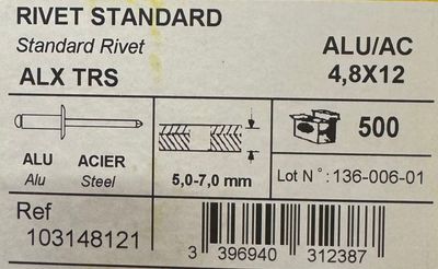 RIVETS STANDARD ALU/ACIER - 4.8X12 - BOITE DE 500 RIVETS STANDARD ALU/ACIER - 4.8X12 - BOITE DE 500