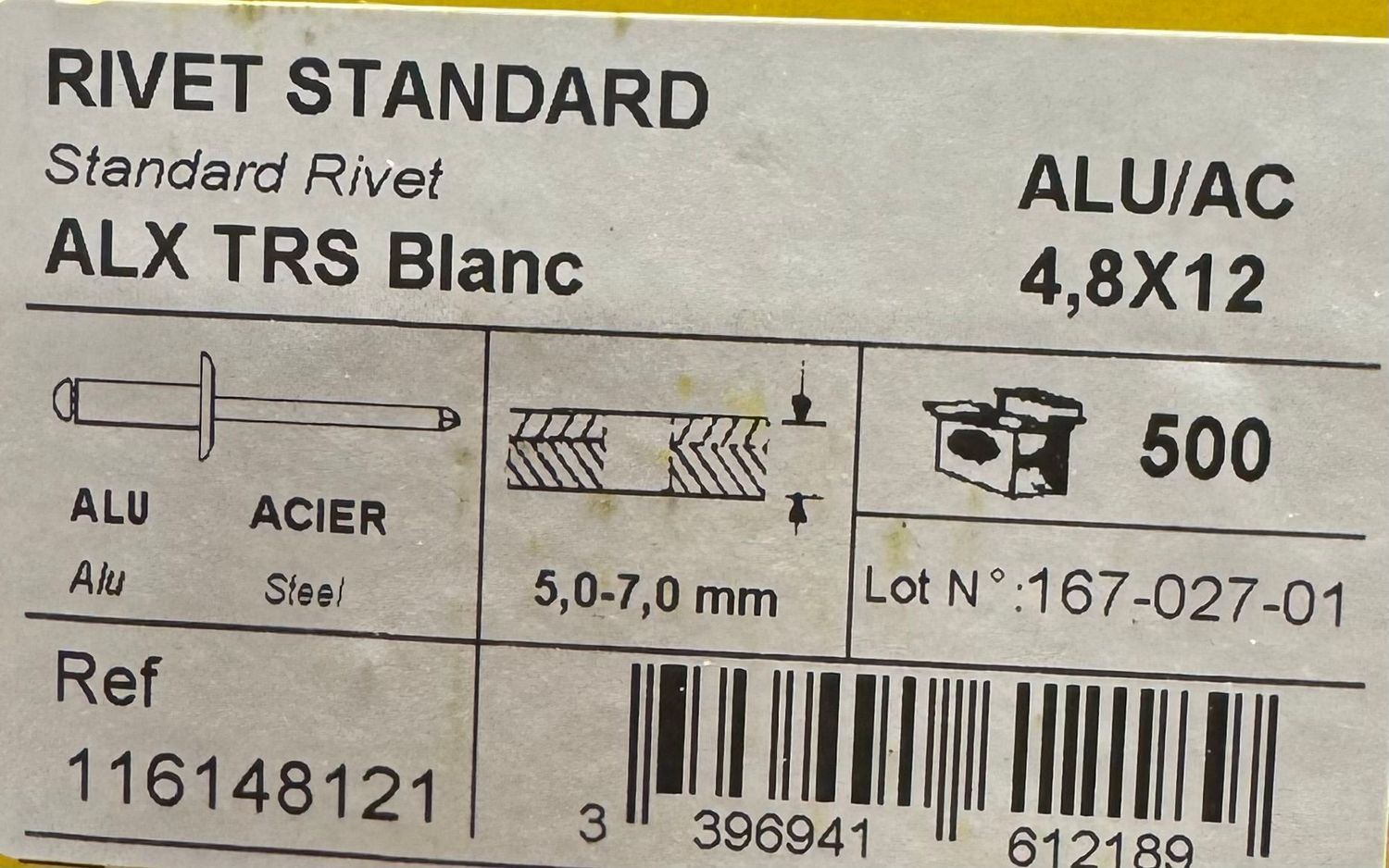 RIVETS STANDARD ALU/ACIER - 4.8X12 - BLANCS - BOITE DE 500