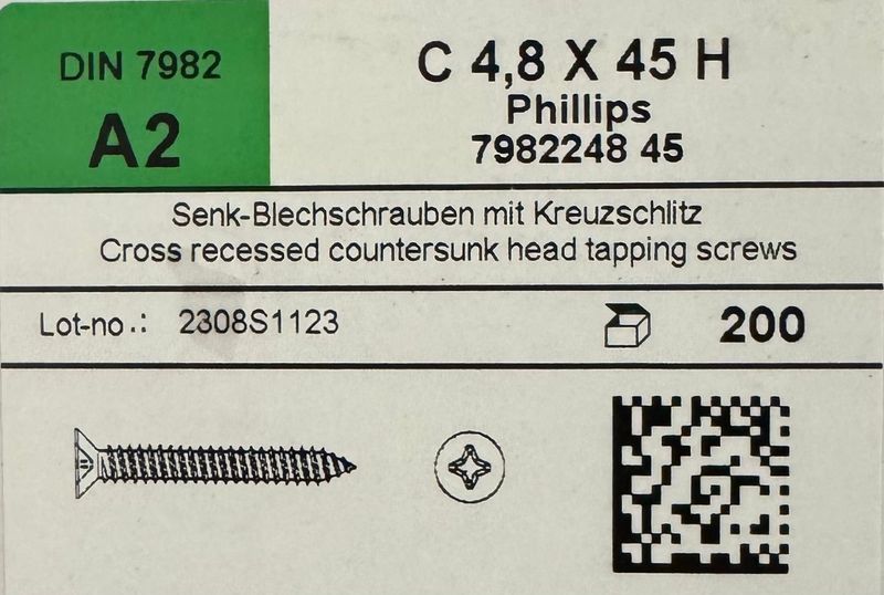 VIS A TÖLE - INOX A2 - 4.8X45 - TF - PH2 - BOITE DE 200