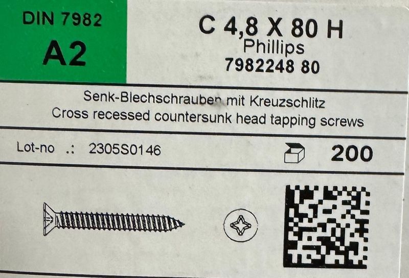 VIS A TÖLE - INOX A2 - 4.8X80 - TF - PH2 - BOITE DE 200