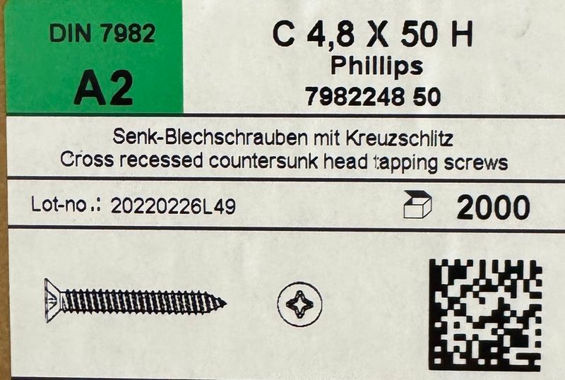 VIS A TÖLE - INOX A2 - 4.8X50 - TF - PH2 - BOITE DE 200