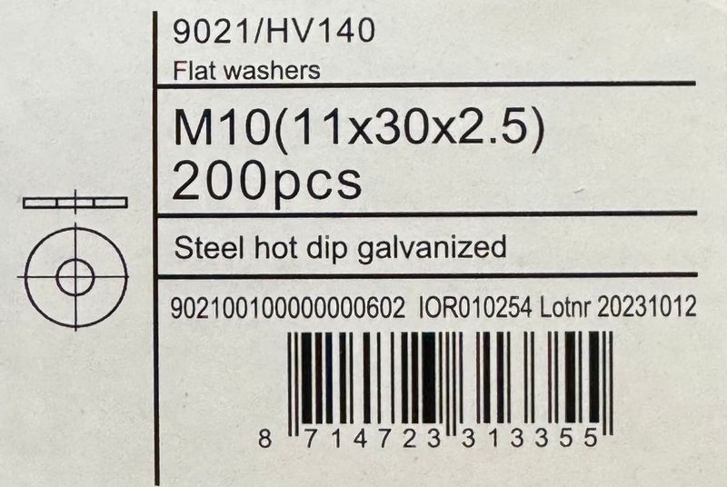 RONDELLES GALVA A CHAUD - M10 - LARGES (11X30X2.5) - BOITE DE 200