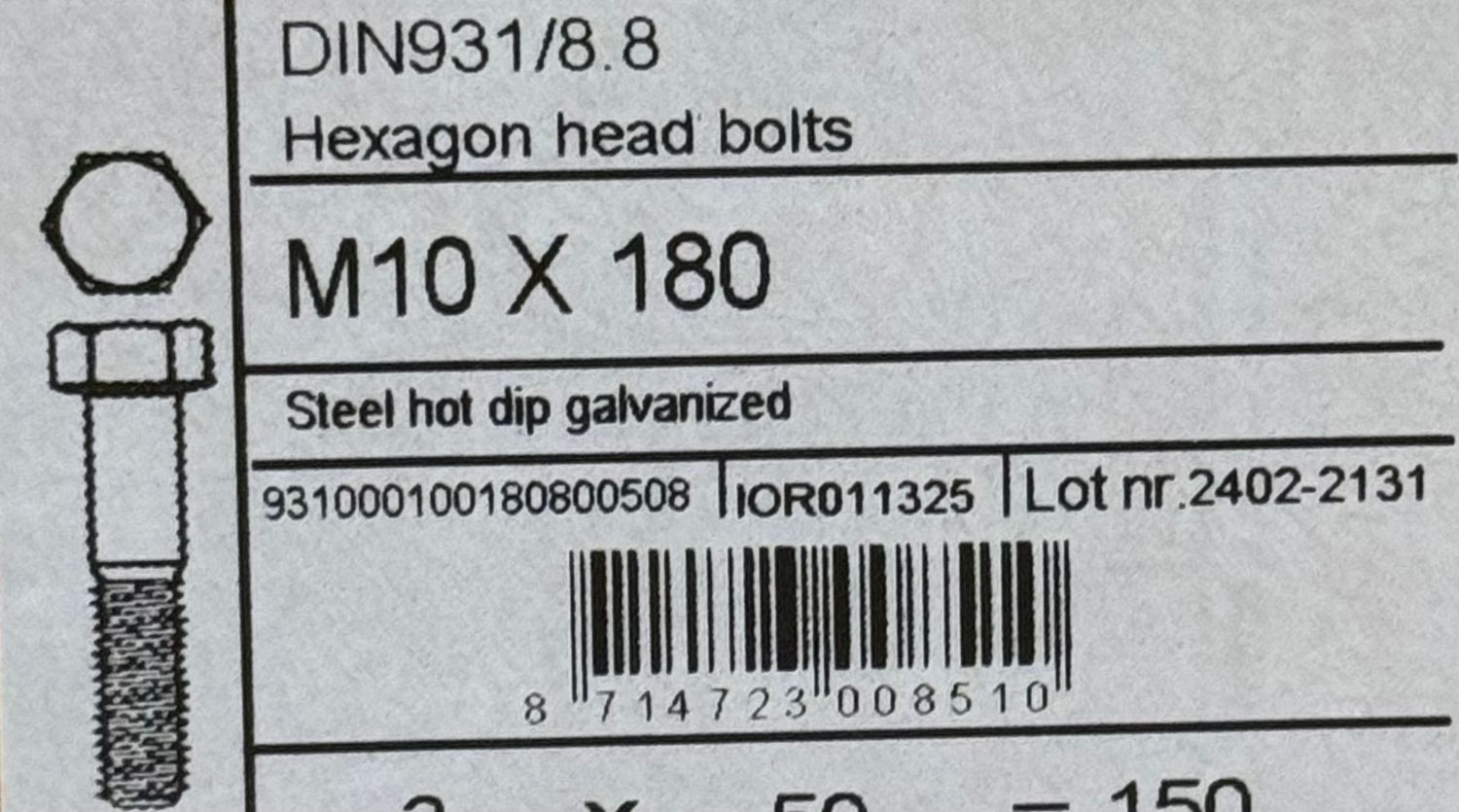 DIN931 - CORPS DE BOULON M10X180 - GALVA A CHAUD - FILETAGE PARTIEL - BOITE DE 50
