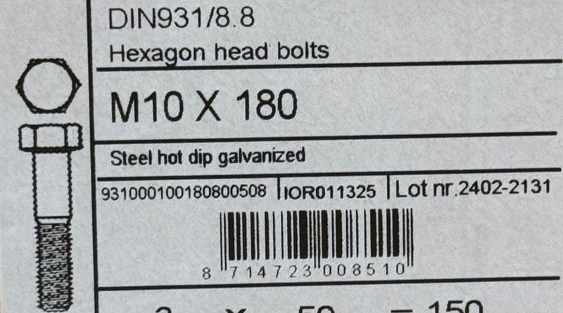 DIN931 - CORPS DE BOULON M10X180 - GALVA A CHAUD - FILETAGE PARTIEL - BOITE DE 50