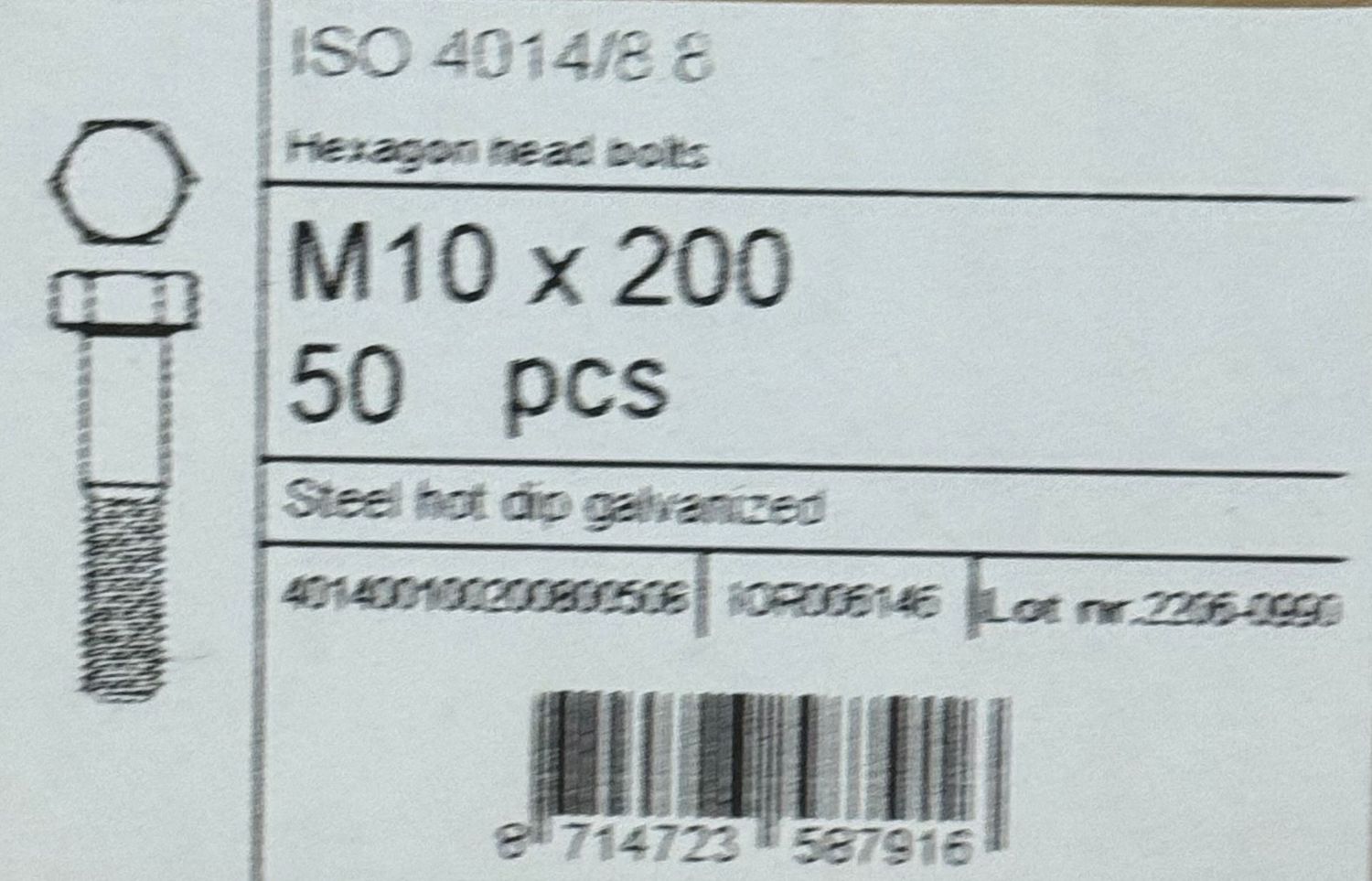 DIN931 - CORPS DE BOULON GALVA A CHAUD M10X200 - FILETAGE PARTIEL - BOITE DE 50
