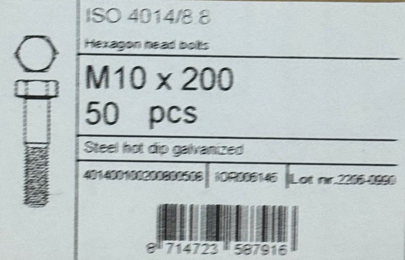 DIN931 - CORPS DE BOULON GALVA A CHAUD M10X200 - FILETAGE PARTIEL - BOITE DE 50