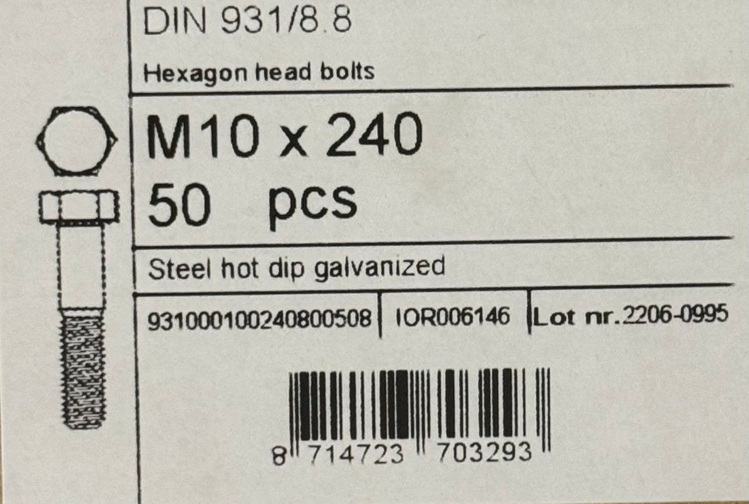 DIN931 - CORPS DE BOULON GALVA A CHAUD M10X240 - FILETAGE PARTIEL - BOITE DE 50