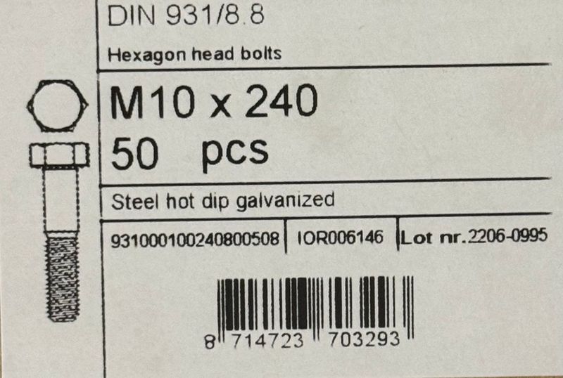 DIN931 - CORPS DE BOULON GALVA A CHAUD M10X240 - FILETAGE PARTIEL - BOITE DE 50