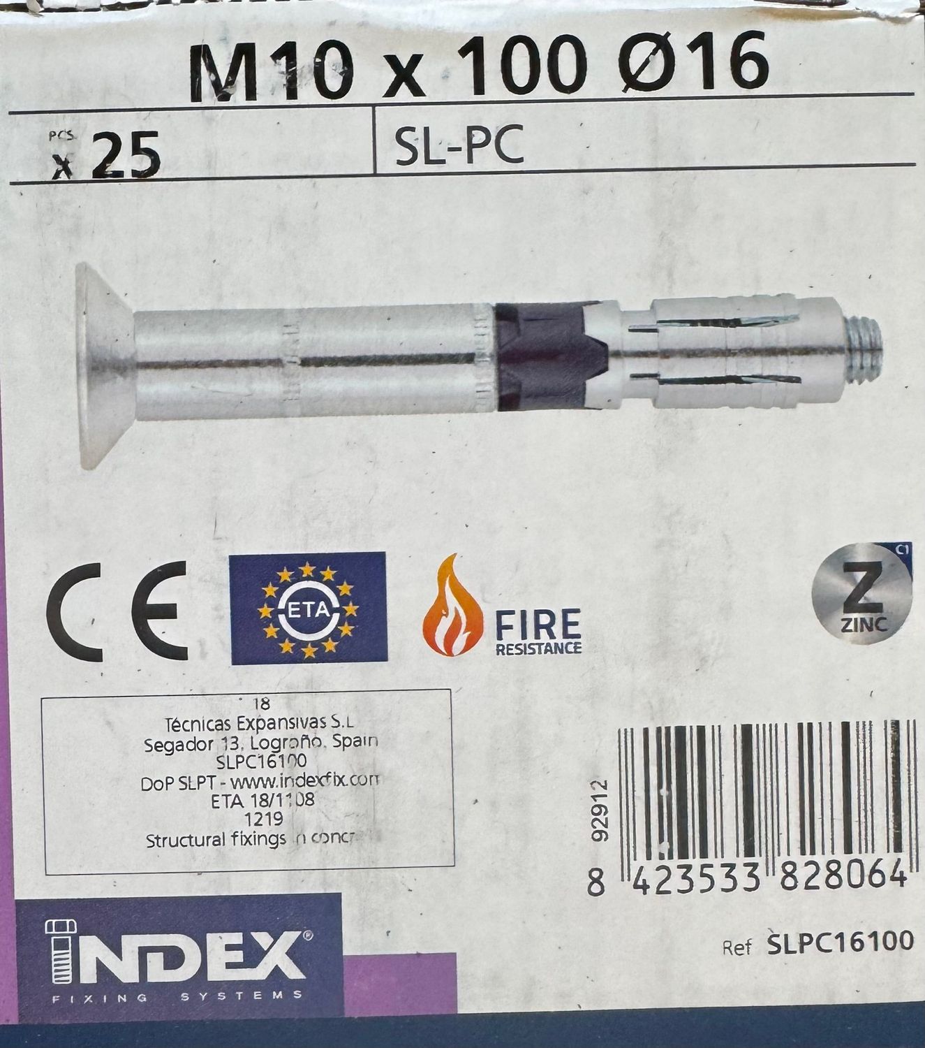CHEVILLE DE SECURITE METALLIQUE - ANTI FEU - SLPC 10X100 - BOITE DE 25