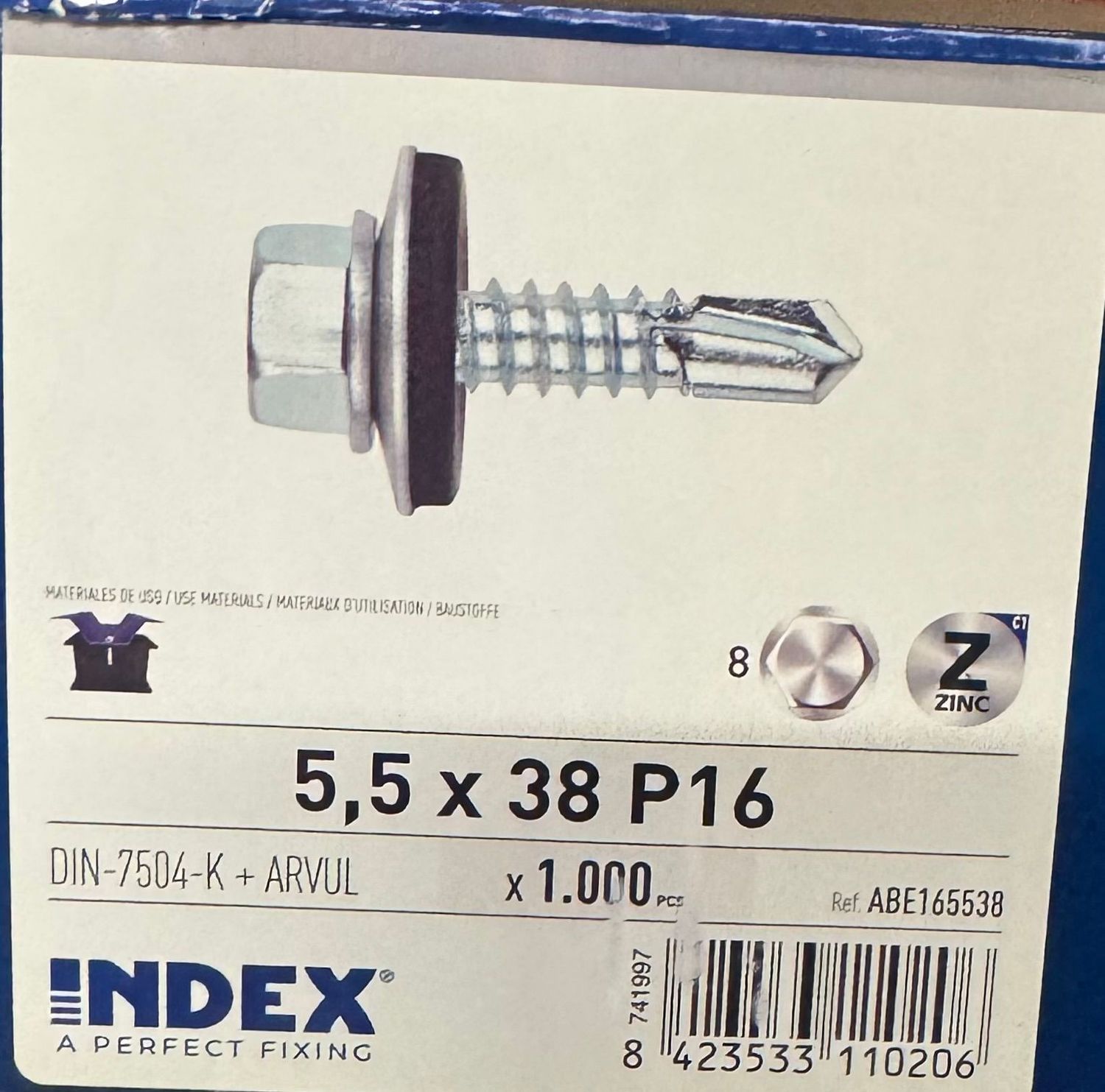 VIS TOLE AUTOPERCEUSE TH 5,5x38 - Avec RONDELLE D'ETANCHEITE - BOITE DE 1000