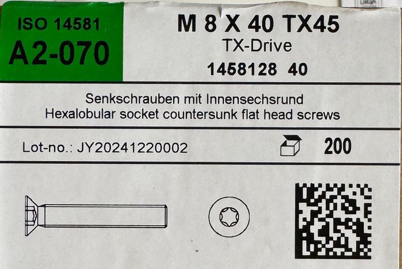 VIS METRIQUE A TETE FRAISEE M8X40 - INOX A2 - Torx 45 - BOITE DE 200