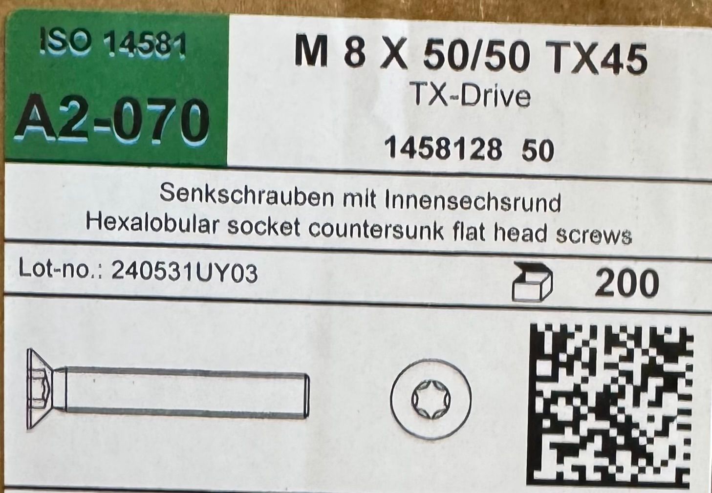 VIS METRIQUE A TETE FRAISEE M8X50 - INOX A2 - Torx 45 - BOITE DE 200