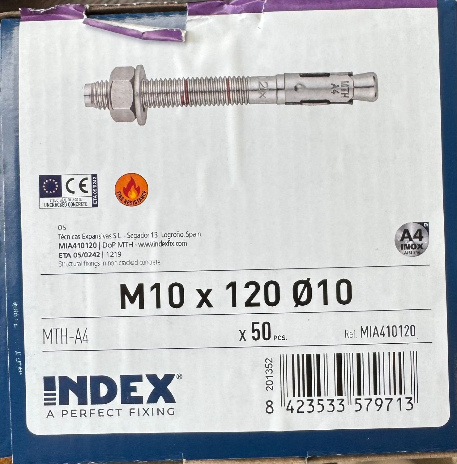 GOUJON D'ANCRAGE - INOX A4 - 10X120 - BOITE DE 50