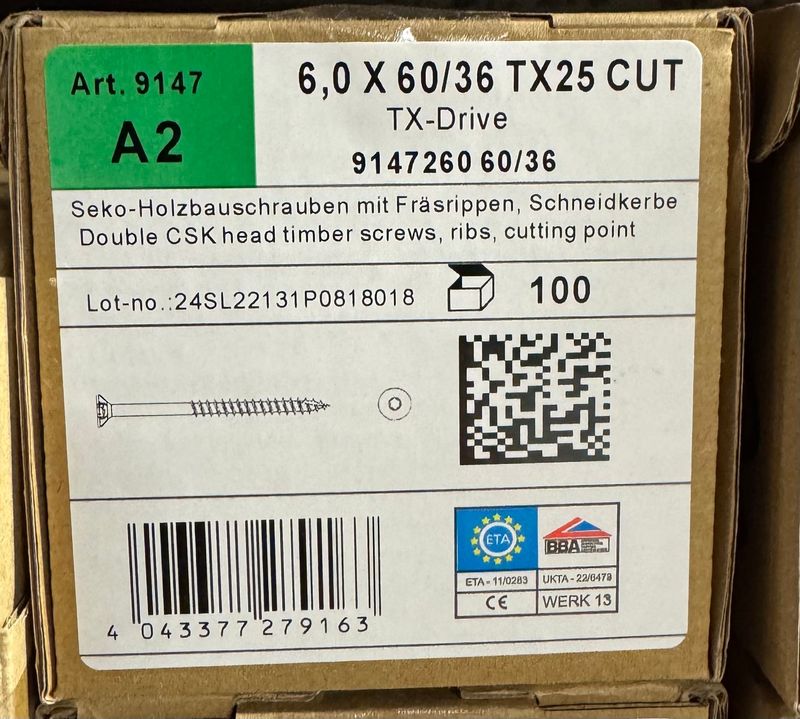 VIS A BOIS - INOX A4  - TF -  6X60X36 - POINTE CUT - Tx25 - BOITE DE 100