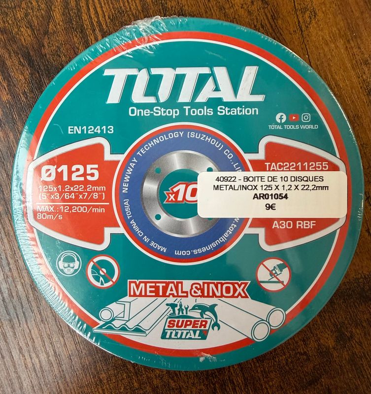 TOTAL - BOITE DE 10 DISQUES METAL/INOX 125 X 1,2 X 22,2mm