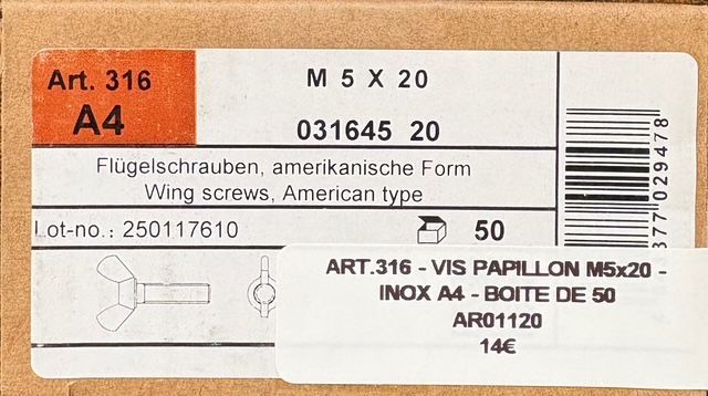 VIS PAPILLON M5X20 - INOX A4 - BOITE DE 50