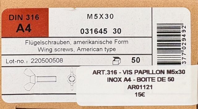 VIS PAPILLON M5X30 - INOX A4 - BOITE DE 50