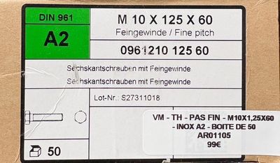 DIN961 - VIS METRIQUE PAS FIN - M10x1,25x60 DIN961 - VIS METRIQUE PAS FIN - M10x1,25x60
