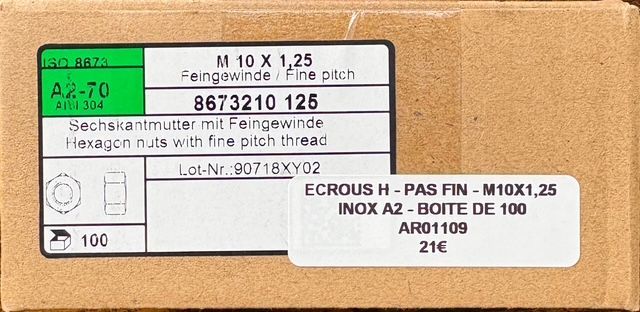 ECROUS H PAS FIN - M10x1,25 - INOX A2 - BOITE DE 100