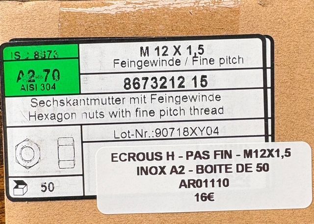 ECROUS H PAS FIN - M12x1,5 - INOX A2 - BOITE DE 50
