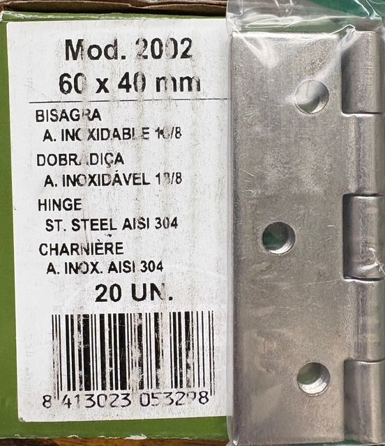 CHARNIERE ACIER INOXIDABLE 60X40 - BOITE DE 20
