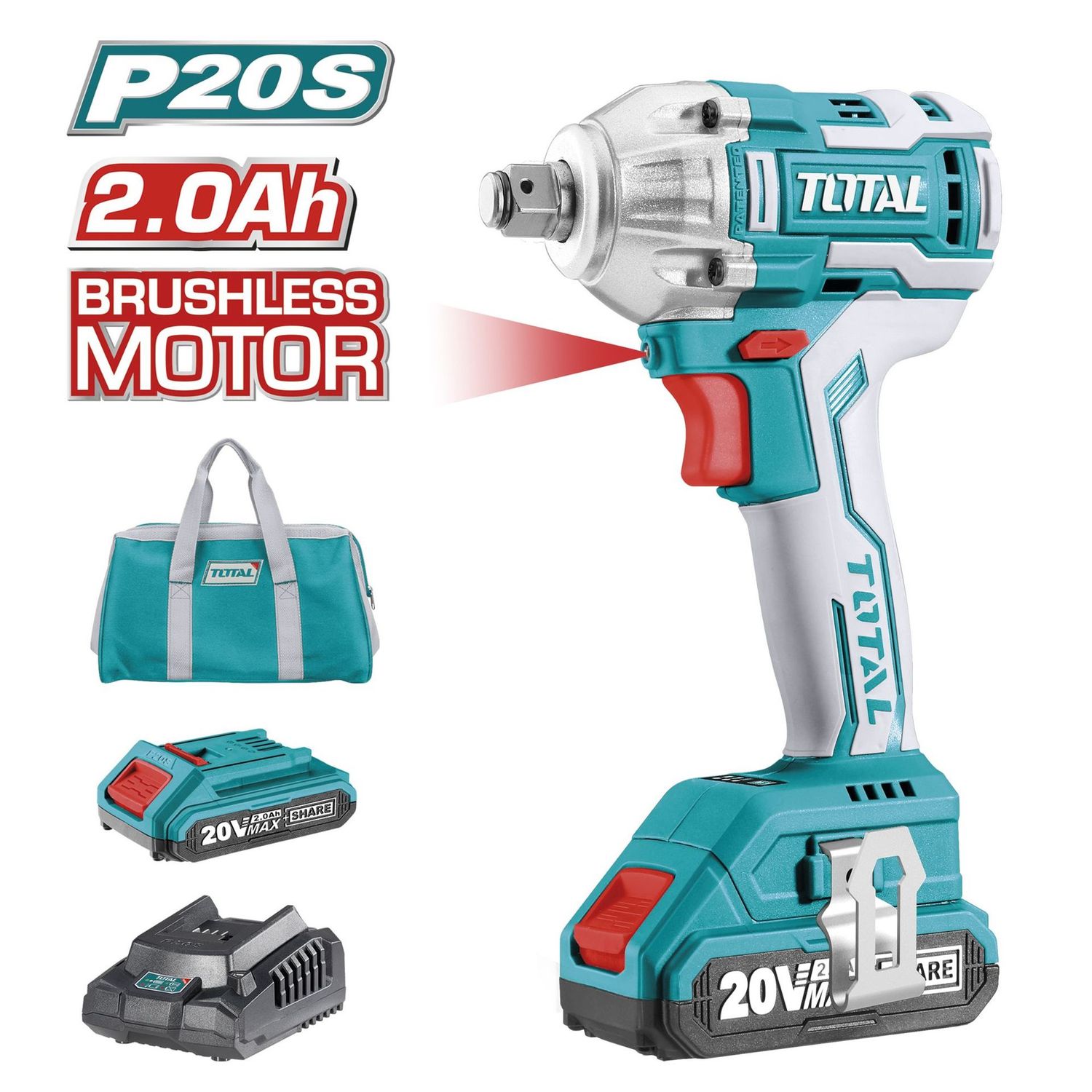 TOTAL - CLE A CHOCS 1/2 - 20V - AVEC DEUX BATTERIES + CHARGEUR + SAC