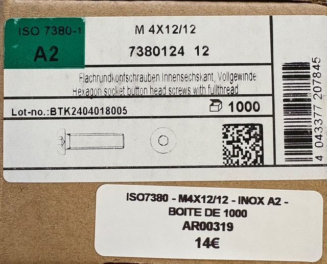 ISO 7380-1 - VIS A TÊTE BOMBÉE - M4X12/12 - INOX A2 -  BOITE DE 1000